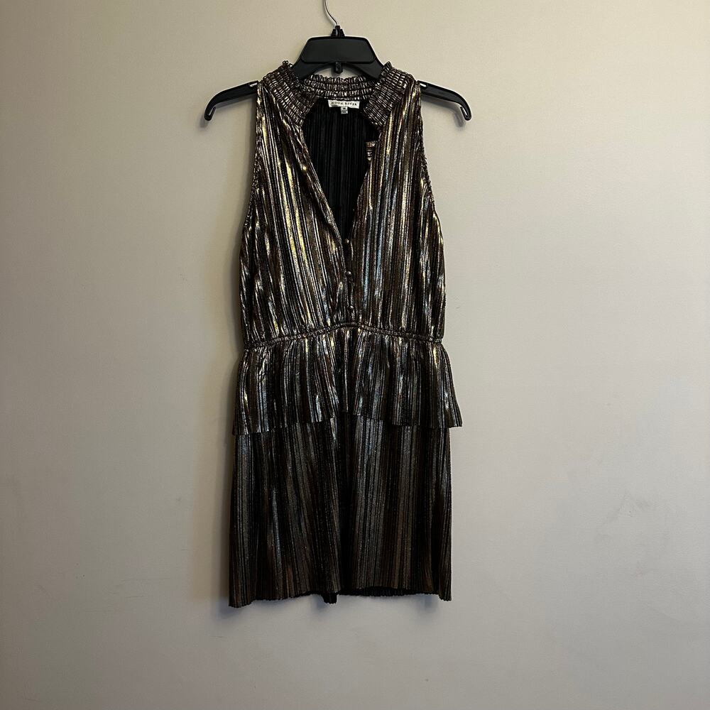 Moon River Metallic Pleated Sleeveless Mini Dress Medium Gold Black Party - Picture 2 of 7